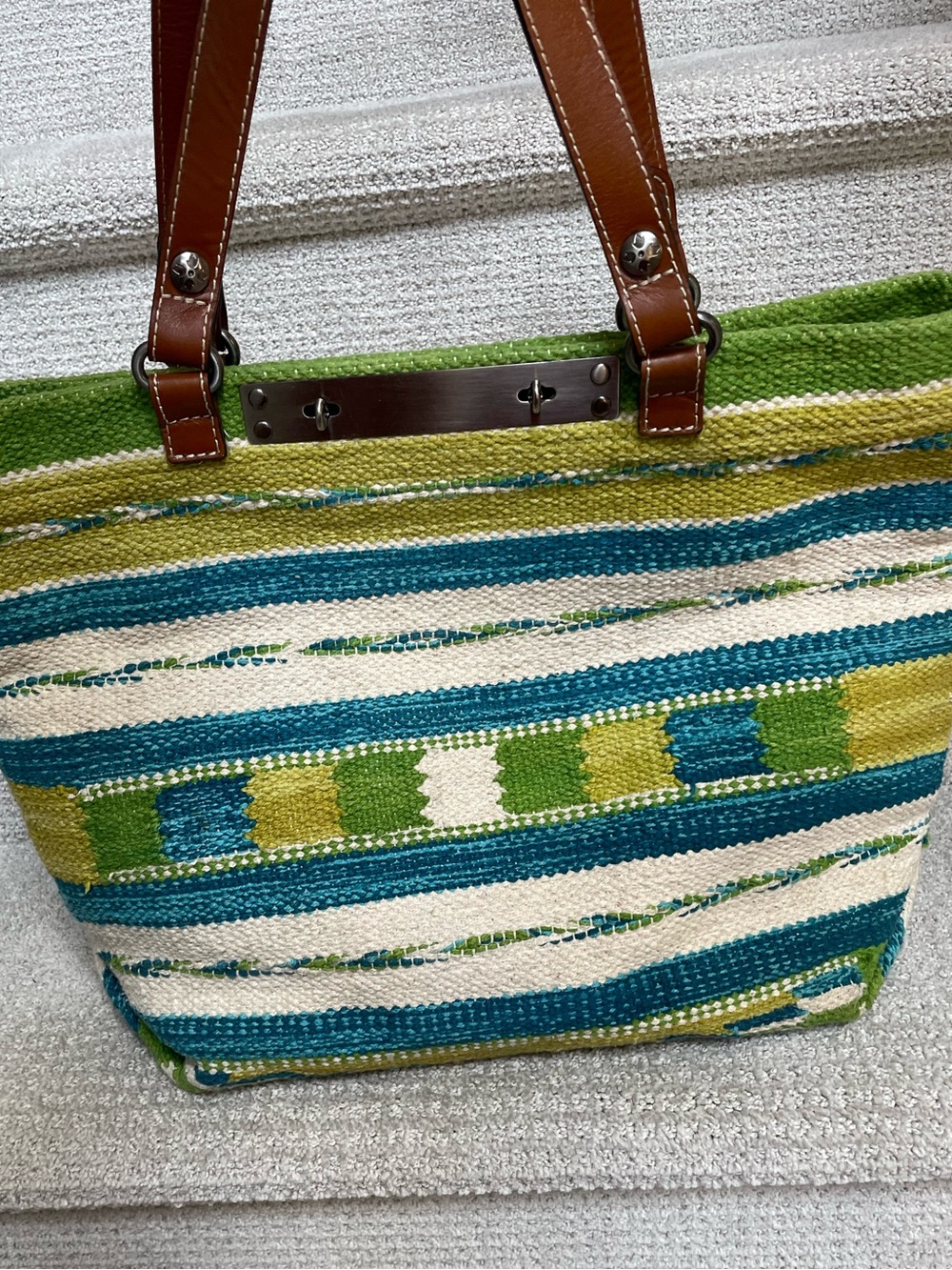 Woven Green & Blue Stripe Tote Bag with Leather Straps - Picture 2 of 15